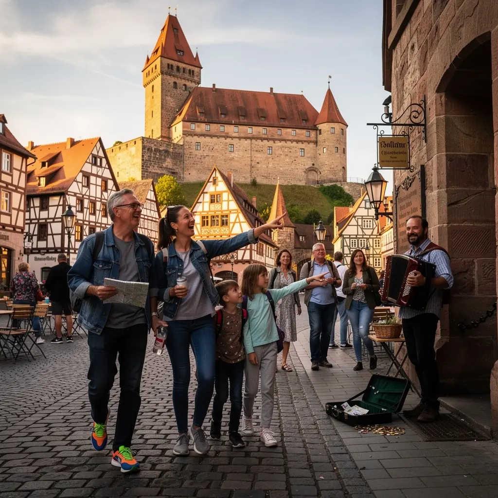 Touristen erkunden die beeindruckende Architektur des Brandenburger Tors in Berlin, umgeben von lebhaften Straßenkünstlern.